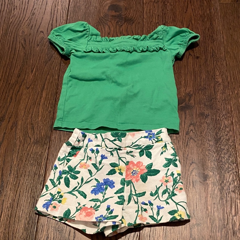 Janie & Jack Girls Green Ruffle Top with Floral Shorts Set